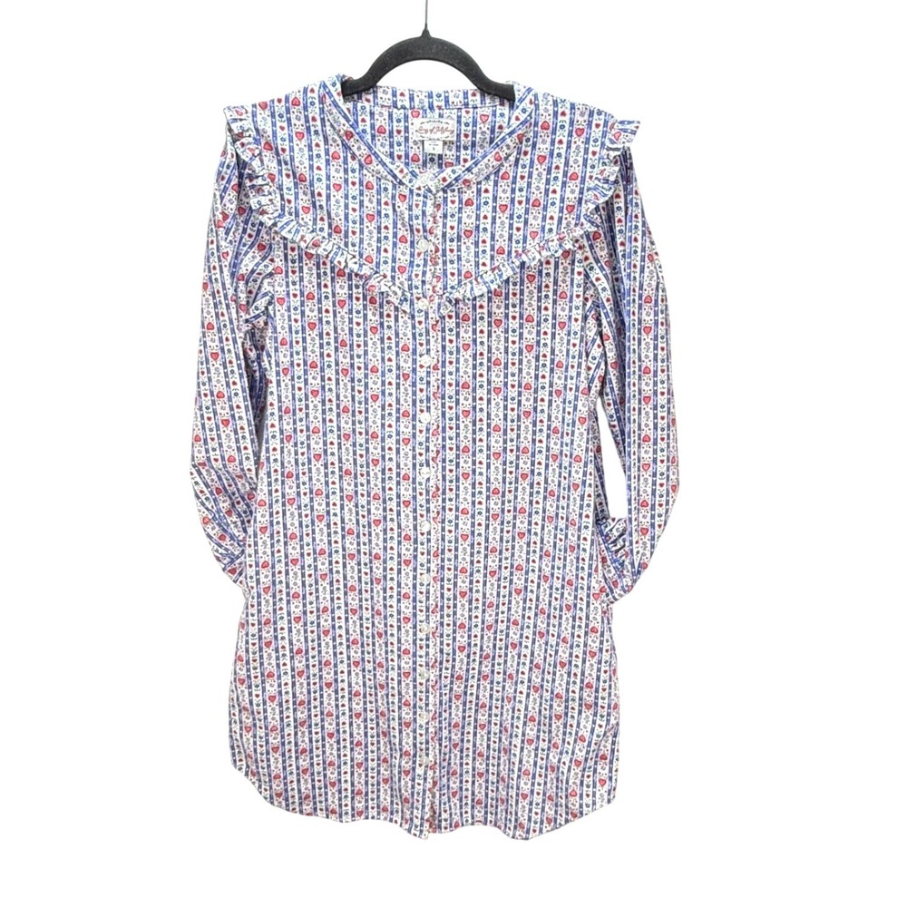 Lanz of Salzburg Nightgown Size S Blue Red Heart Stripe Flannel‎ Cotton Grandma